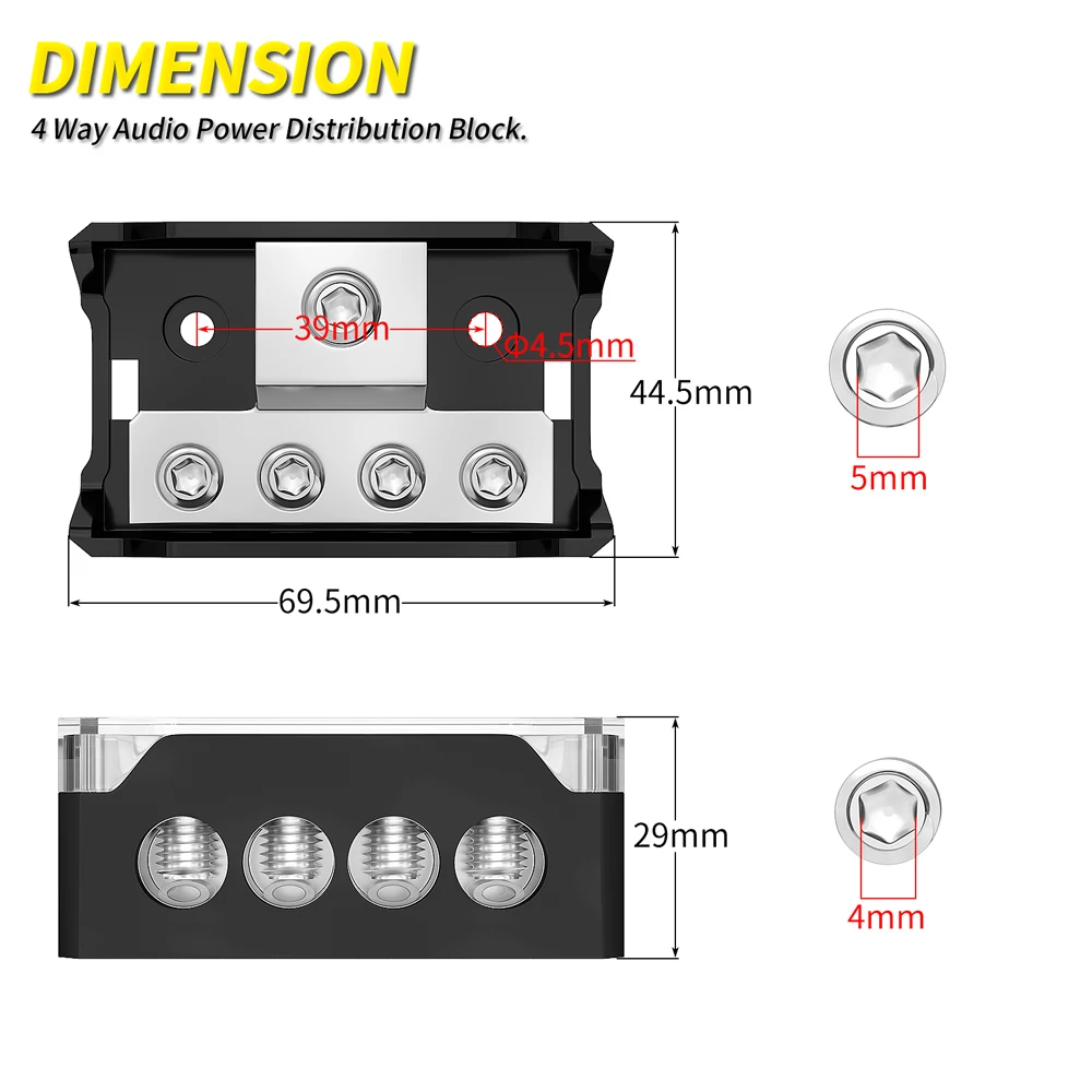 4 Way Audio Power Distribution Block 1x 0/2/4 AWG Gauge in 4X 4/8/10 Gauge Out Ground Distributor Connecting Block for Spliter