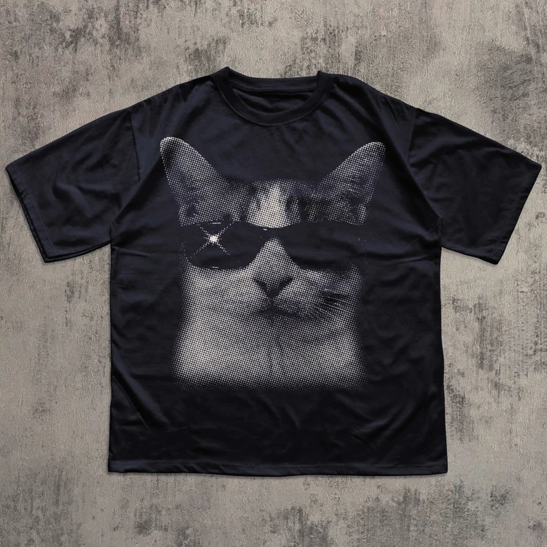 面白いY2K風の面白い猫プリントコットンTシャツ、90年代レトロ子猫ヴィンテージグラフィックTシャツ、猫好きへのギフト、ミームTシャツ、男女兼用トップス