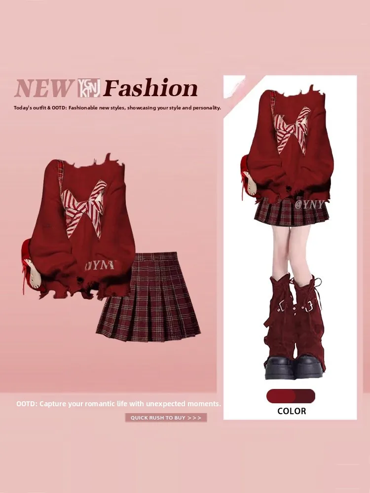 

Sweet New Year Red Knot Knitted Sweater Loose Winter Plaid Skirt Two-Piece Set Women's Faion Casual Outfit