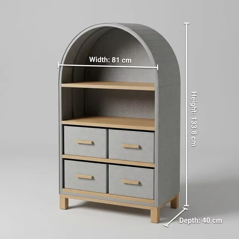 Modern Arched Bookshelf with 4 Fabric Drawers Metal Frame Storage Cabinet Space Saving Locker for Kids Toys and Books Display