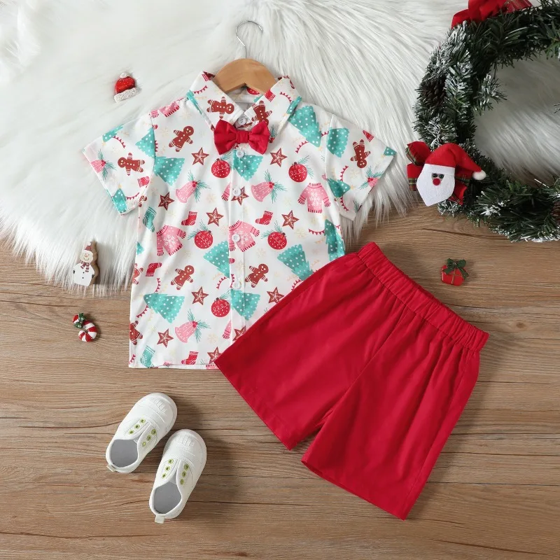 Newborn Infant Toddler Baby Boys Christmas Tree Santa Print Shirt With Red Bow Tie And Shorts Holiday Set 0 36M