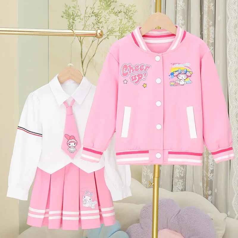 Sanrio My Melody saia plissada e conjunto de jaqueta para meninas, camisa, saia, doce, fofo, desenhos animados, anime, jk, roupas bonitas, presente para crianças, outono, 3 peças