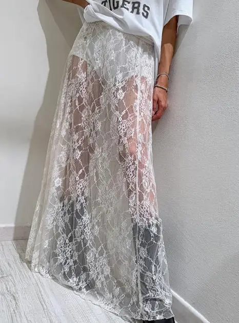 Summer Sexy Atmosphere Lace See Through Half Skirt, Fashionable High Waisted Temperament, Slim Fit A-Line See Through Half Skirt