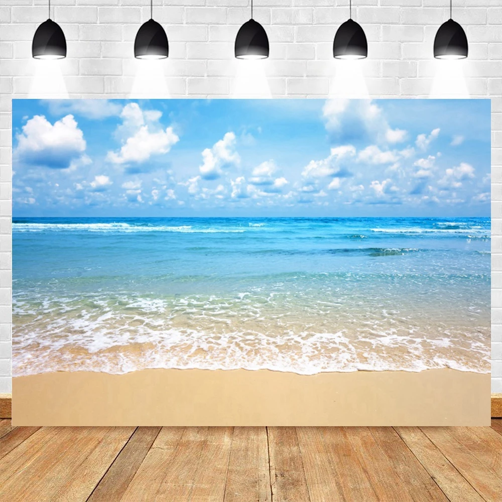 Sunset Beach Waves Backdrop for Photography Summer Holiday Ocean Seaside Blue Sky White Cloud Sand Photocall Photo Background