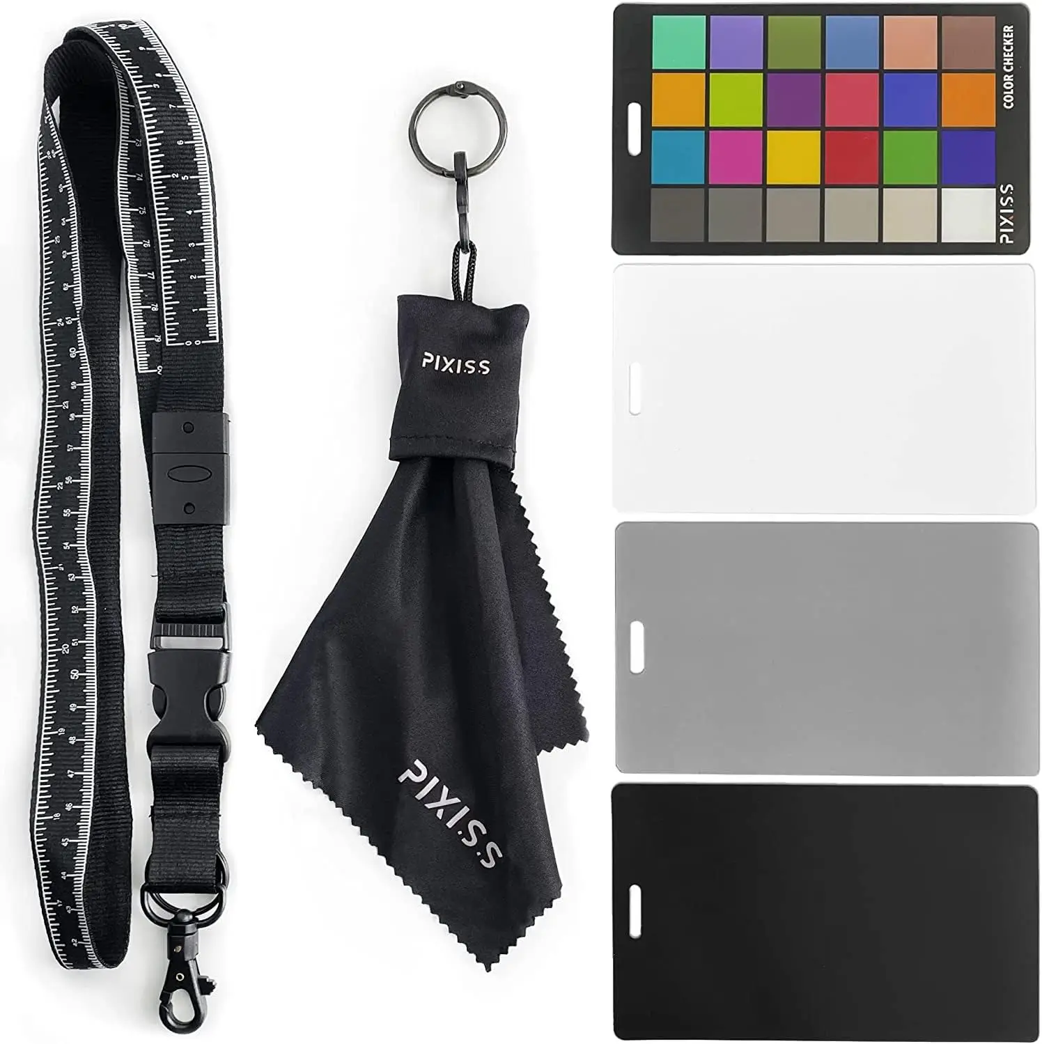 

4-in-1 Camera Color Correction Card Set: 18% Gray, White, Black & 24-Color Checker with Microfiber Cloth