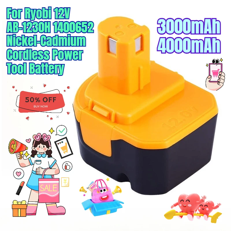 

3000/4000mAh for Ryobi 12V AB-1230H 1400652 Nickel-Cadmium Cordless Power Tool Battery