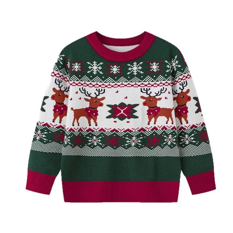 

Winter & Christmas Children's Cartoon Deer Knitted Sweater - Base Layer Pullovers For 3-7 Years Boys And Girls & Babies