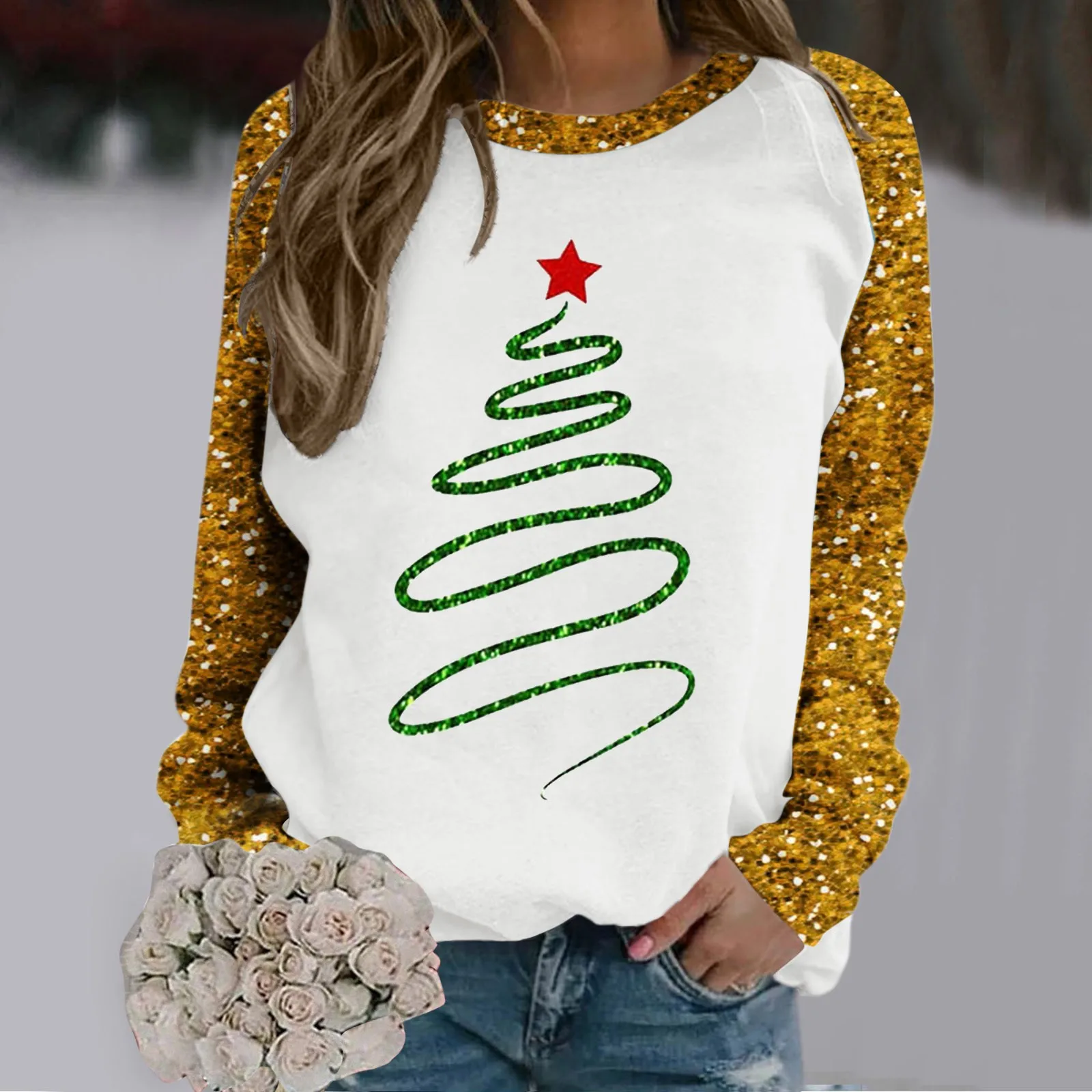 

Cartoon Christmas Deer Women Fashion Sweatshirt Long Sleeve Autumn Winter Street Hip Hop Pullovers Tops Round-Neck Christmas Tee