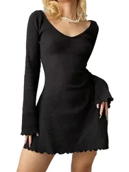 Women Sexy Black Solid Color A-Line Short Dress Ribbed Long Sleeve V-Neck Slim Fit Mini Dress for Party Club Beach Streetwear