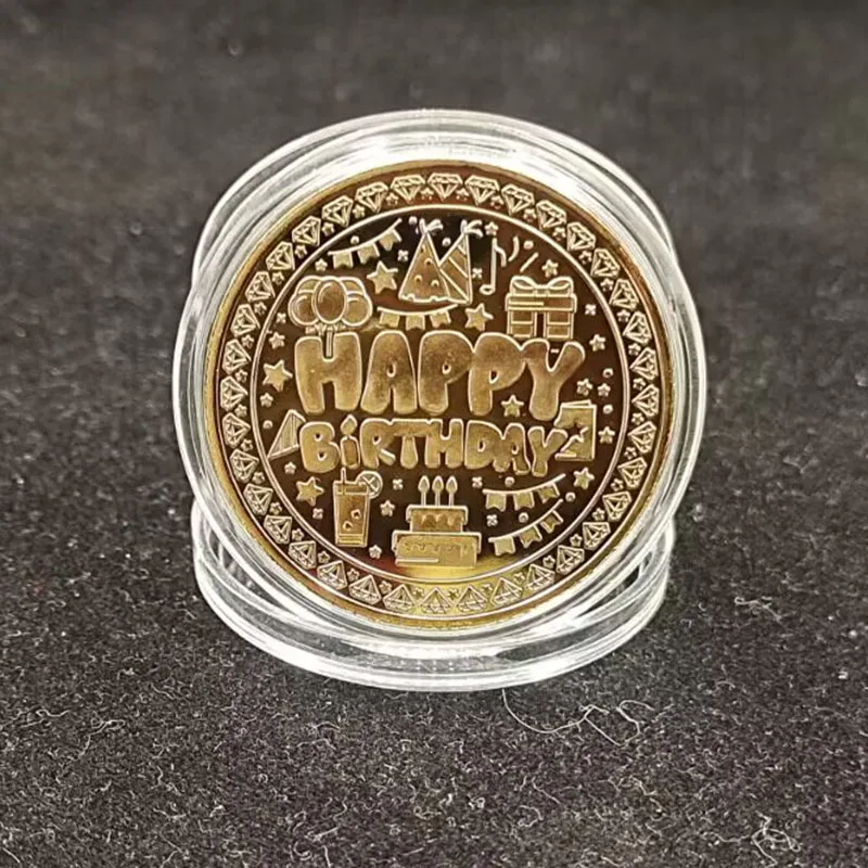 1.5mm Lucky Coins of Happy Birthday Cake Metal Coins Gold Plated Colorful Collectible Coins for Children's Birthday Gifts