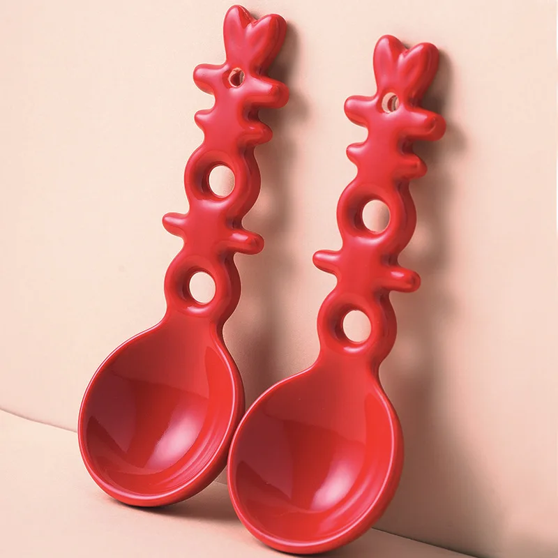 Double Happiness Ceramic Spoon Souvenir Soup Spoon, Engagement Wedding Spoon Red Festive Soup Kitchen Tablewear