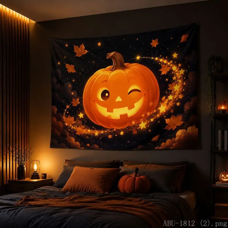 VIKAMA Cute Pumpkin Candle Maple Leaf Tapestry, Halloween Wall Hanging for Bedroom, Spooky Starry Sky Party Wall Decor