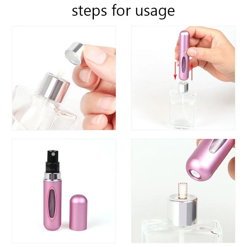 Mini Perfume Portátil Recarga Garrafa, Spray Recarregável, Viagem Alumínio Spray Atomizador, Vazio Cosmetic Containers Tool, 5ml, 5Pcs