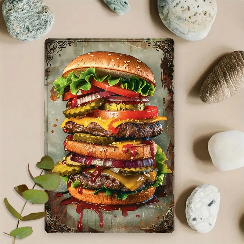 Vintage-Style Hamburger Metal Wall Art - 8x12 Inch Retro Iron Sign with Classic Burger Illustration, Perfect for Diner, Restaura