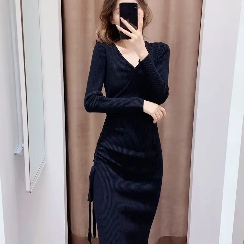 V Neck Hrajuku for Women's Girl Streetwear Solid Color Casual Y2k Office Lady Draw String Cute Vintage Elegant Fashion Dresses