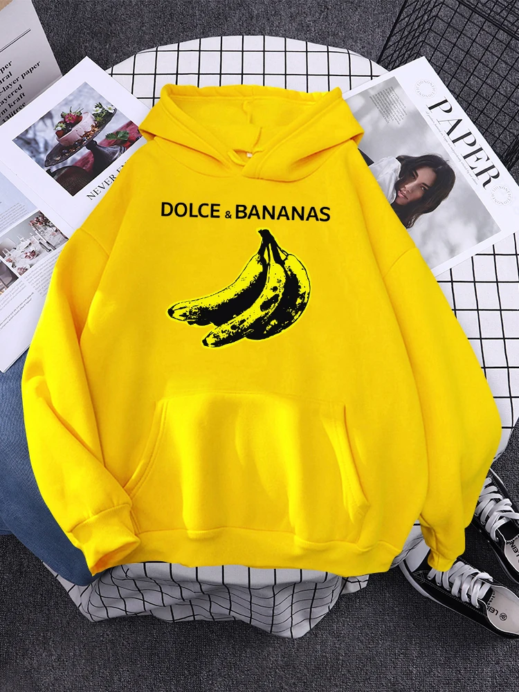 Funny Dolce&Banana Pattern Streetwear Female Hip Hop Fleece Hoodies Pocket Loose Sweatshirt Casual Cartoons Pullovers For Woman