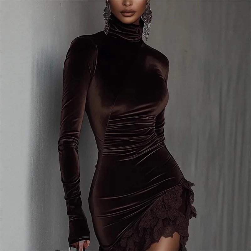 Autumn Turtleneck Patchwork Lace Velvet Dress Woman Casual Solid Slim Bodycon Hips Dress Winter Long Sleeve Irregular Mini Dress