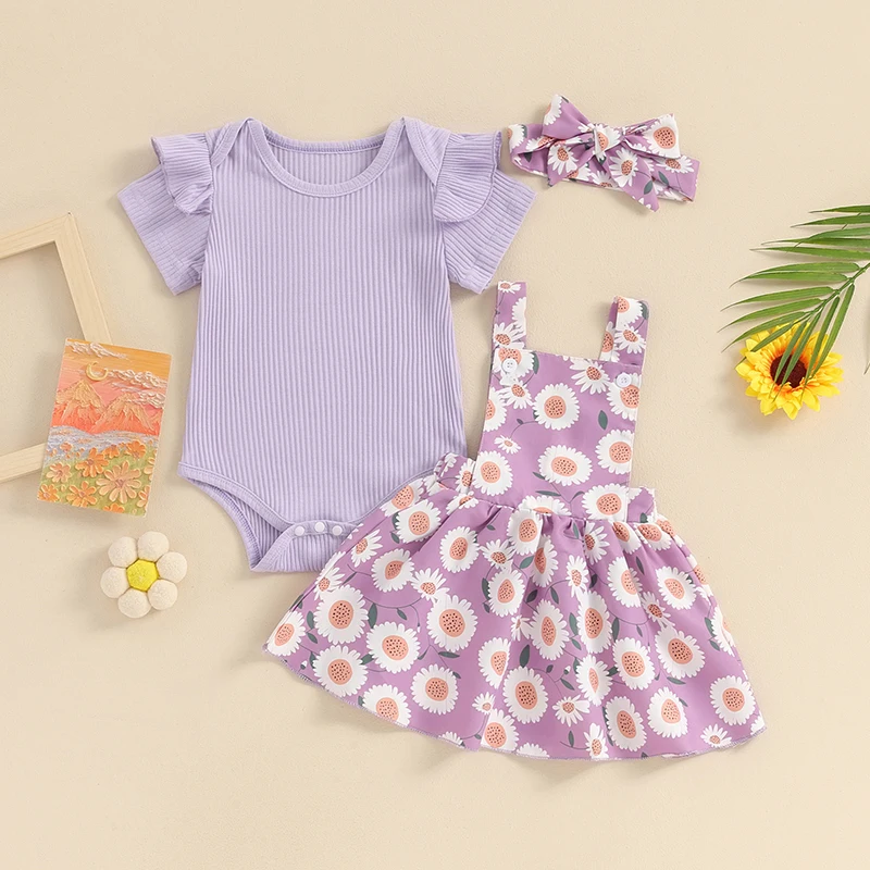 

Baby Girl Summer Set, Round Neck Short Sleeve Ribbed Romper Daisy Print Suspender Skirt Headband Infant Toddler 3 Piece Outfits