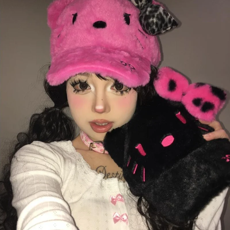 Autumn Winter Hello Kitty Balck Rose Red Plush Baseball Cap Peaked Cap Bow Tie Cartoon Women Accessories Y2k Girls Birthday Gift