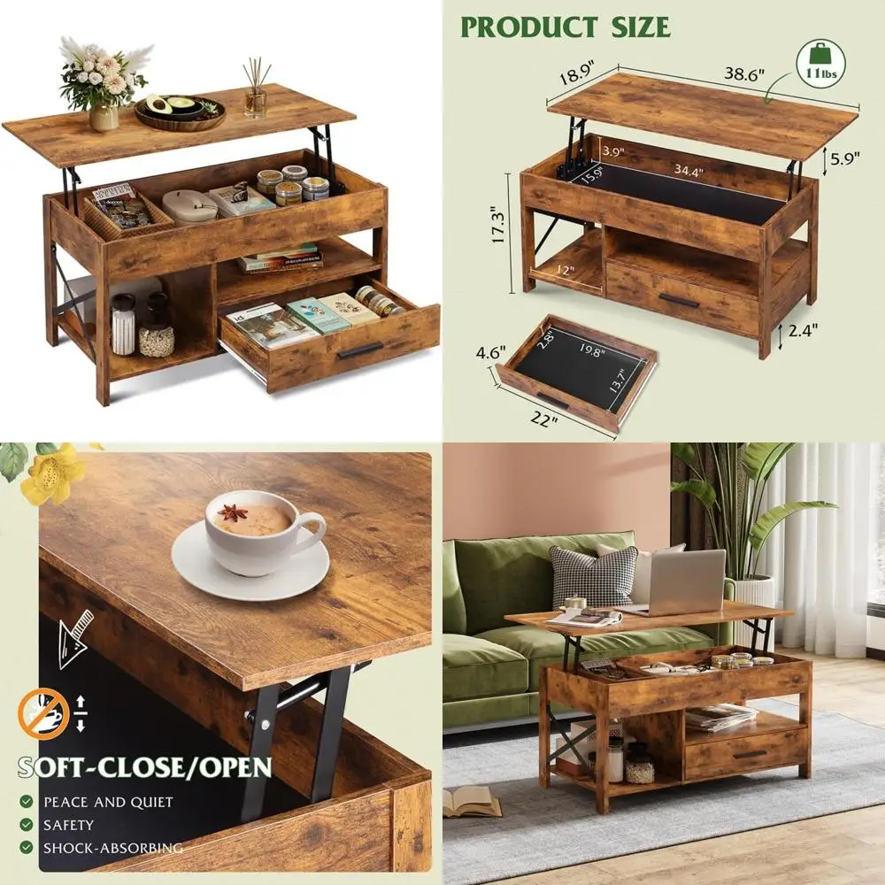 

Wooden Storage Coffee Table with Lift Top and Drawers, 39 Hidden Compartment Center Table for Living Room