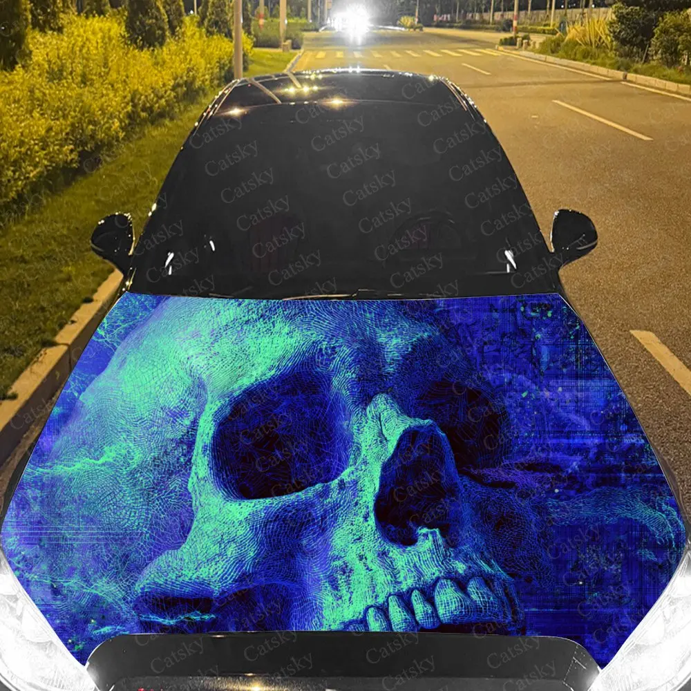 Car Decal Blue Skull with Glitch Textural Artistic Fusion Design, Creating a Mysterious and Cyber-Gothic Visual Car Hood Sticker