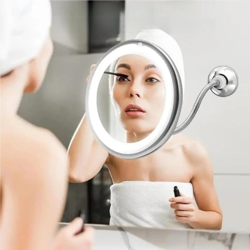 10X Magnifying LED Makeup Mirror with Gooseneck – Suction Cup Mount, Diffused Light & 360° Swivel for Bathroom & Vanity
