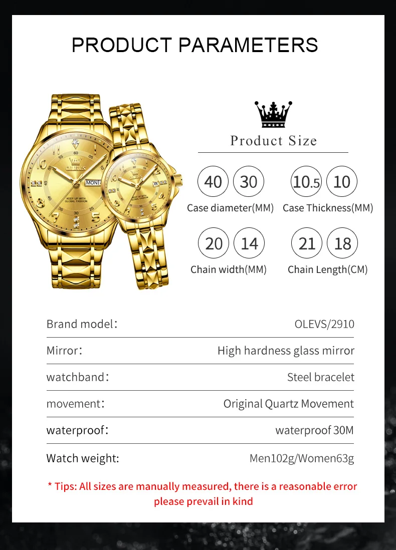 ساعة أوليفز كوارتز مع الماس للزوجين ، علامة تجارية فاخرة ، توهج مقاوم للماء ، هدية الحبيب ، ساعة تاريخ الأسبوع ، له أو لها ، طقم