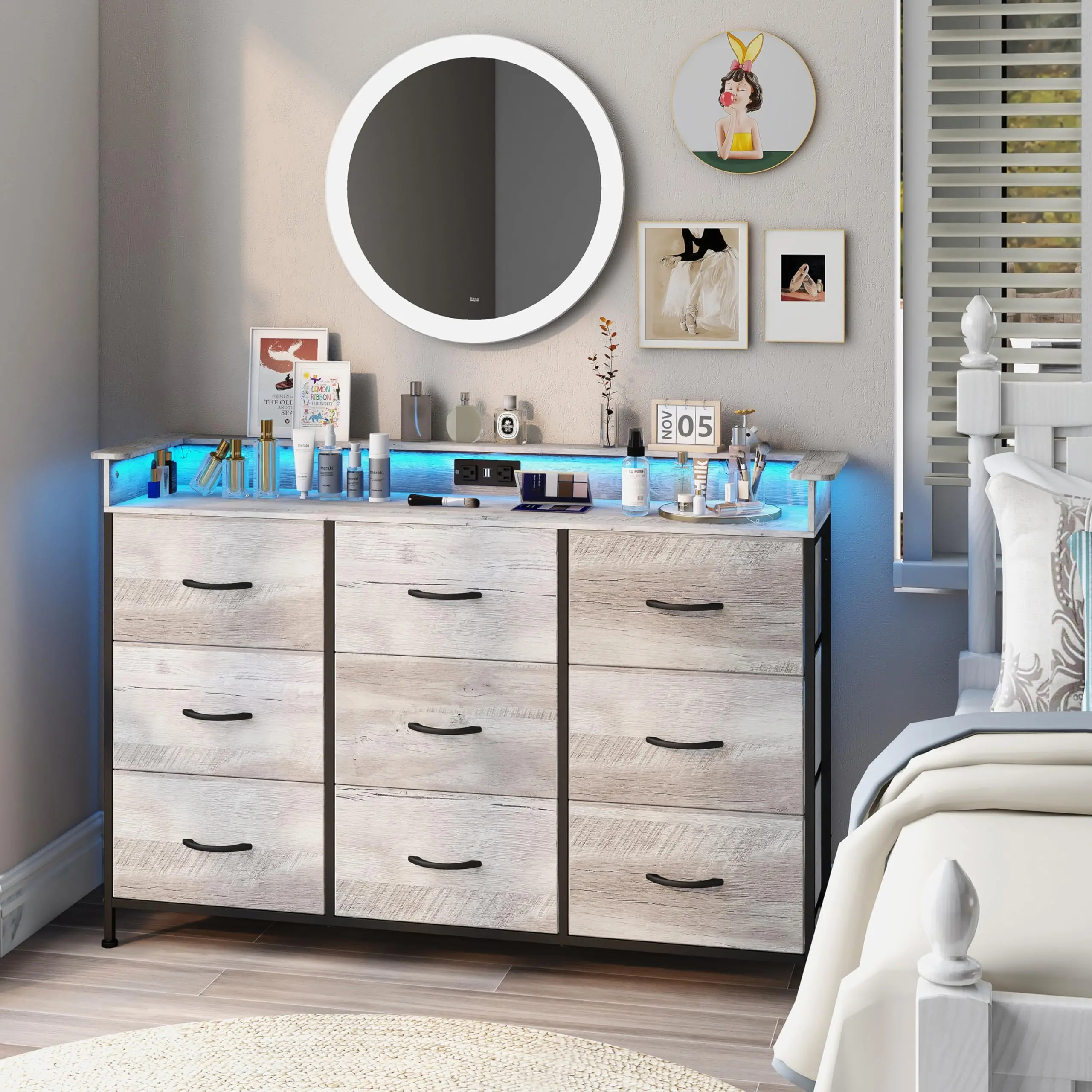 Industrial Dresser With Charging Station LED Light 9 Drawer Chest For Bedroom