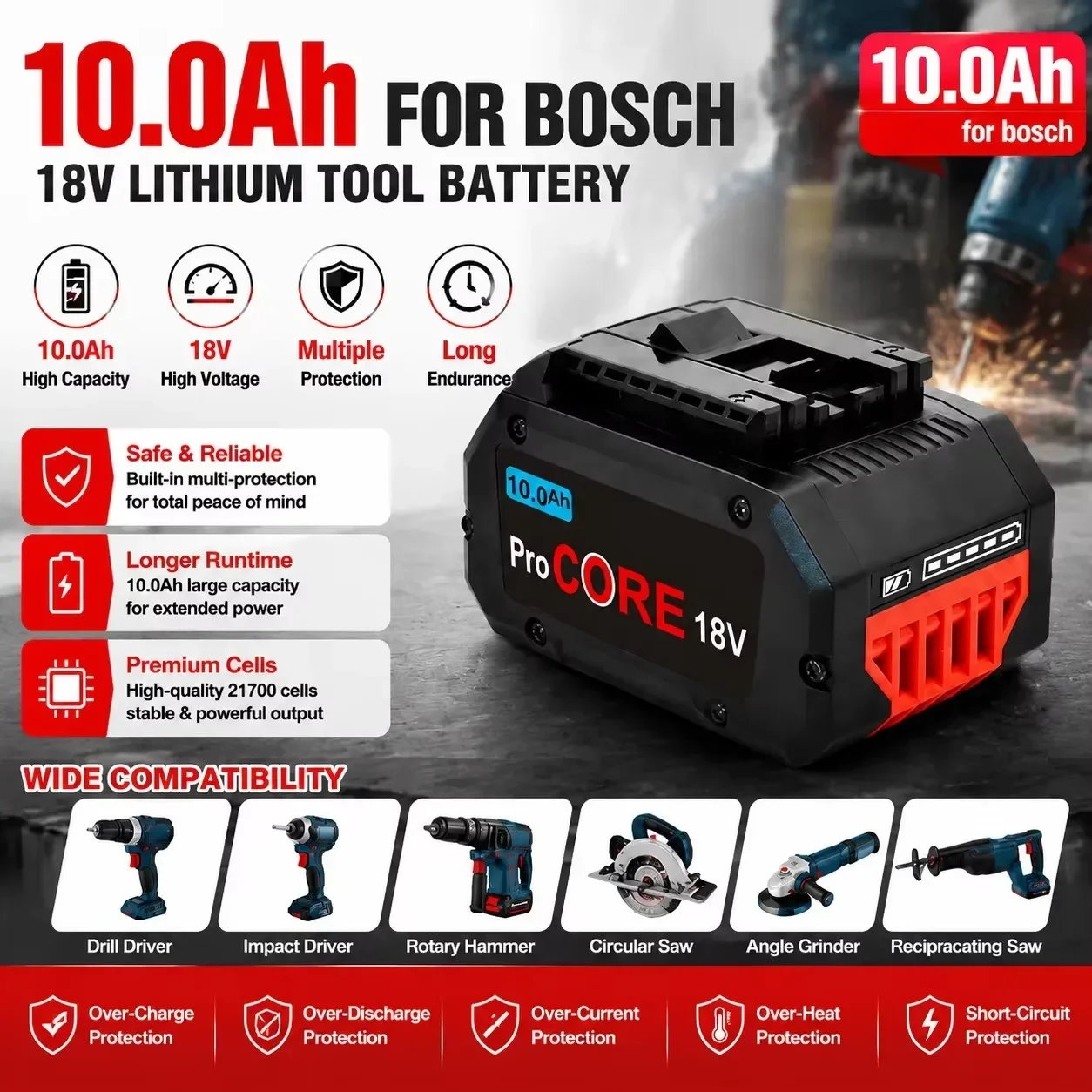 Für Bosch ProCORE 18V Akku-Werkzeug, 10,0 Ah 21700 wiederaufladbarer Lithium-Ionen-Akku, Ersatz für BAT609 BAT618 GBA18V8, geeignet für Akku-Handbohrmaschine, Schlagbohrmaschine