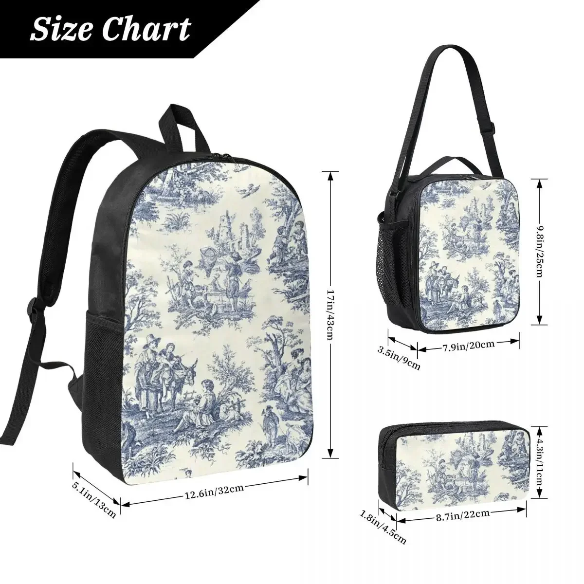 Powder Blue French Toile Picnic Backpack Student BookBag School Bag Computer Shoulder Bags 3ps Insulated Lunch Bag Pencil Case
