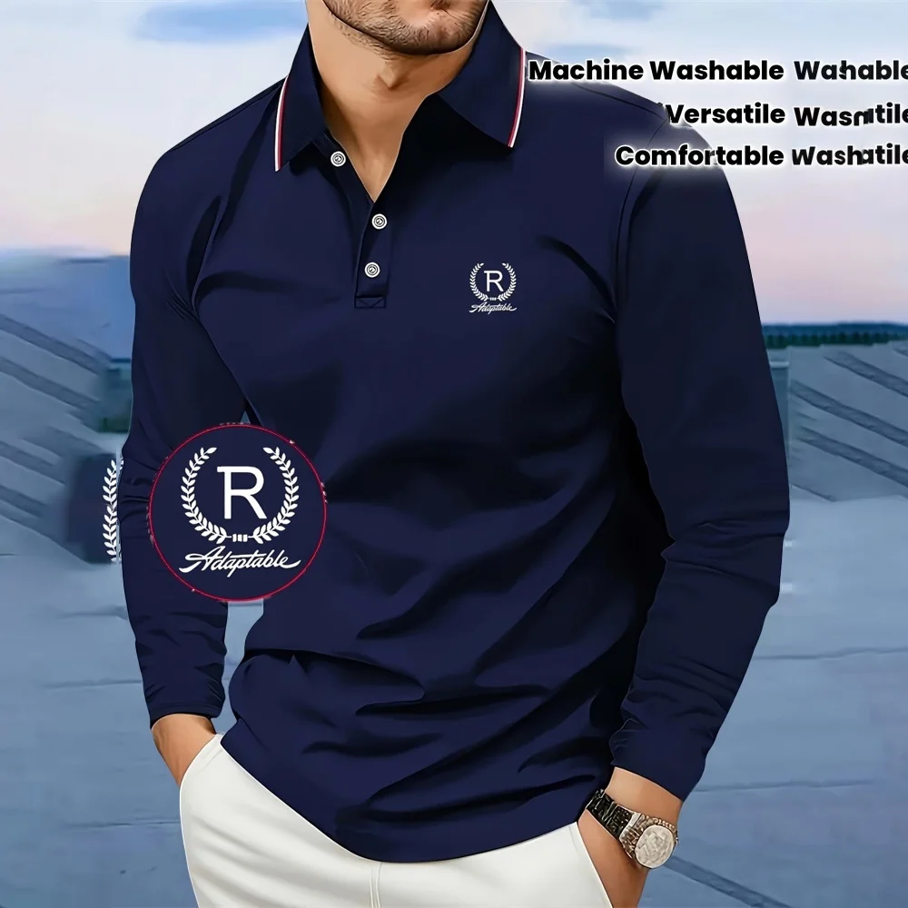 

Fashion Outing Breathable Men's Casual Long Sleeve Polo Shirt Comfortable Fit Graphic Print with Solid Color Men's Golf Shirt