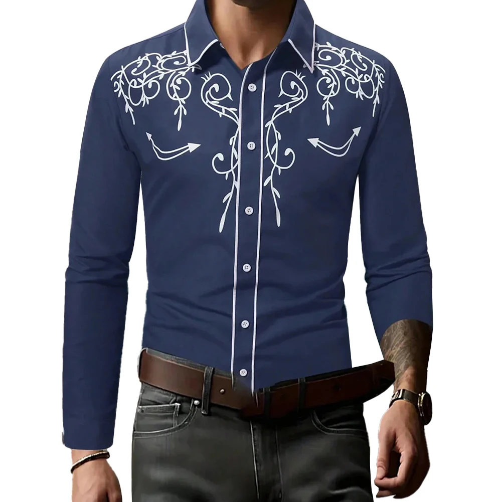 Mens Retro Ethnic Style Print Lapel Slim Fit Long Sleeve Streetwear Shirt Top