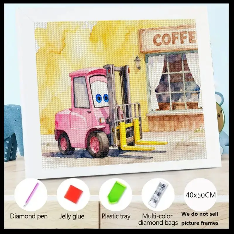 

1 шт., набор для рисования алмазов с милым мультяшным розовым вилочным погрузчиком, 5D полная дрель, круглая алмазная живопись с очаровательным фоном для кофейни, DIY C