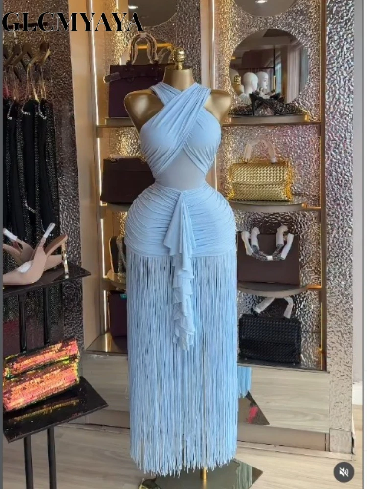 Robe longue élégante pour femmes, col licou, bretelles croisées, franges, moulante, robe de soirée, Cocktail, nuit, pompon, robes longues chics