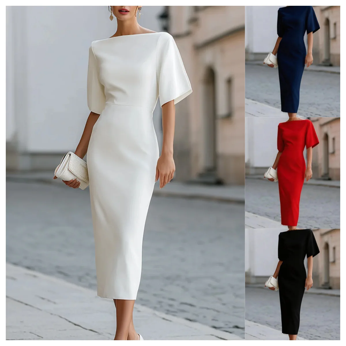 

Elegant Mid-length Dress for Women Slim Fit White Dresses Party Evening Gown Wedding Holiday Birthday Dress Black Summer Dress