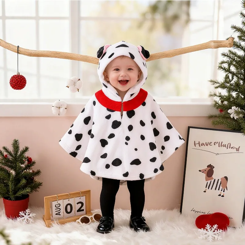 Halloween Baby Clothes Cute Dalmatian Dog Baby Cloak Hooded Fleece Jumpsuit Toddler Cosplay Costume Outfit  Black White Spots
