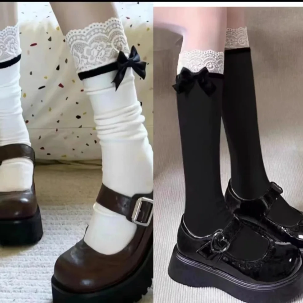 

Bowknot Lolita Mid Length Socks New Solid Color Sweet Calf Socks Accessories Lace Thin Socks