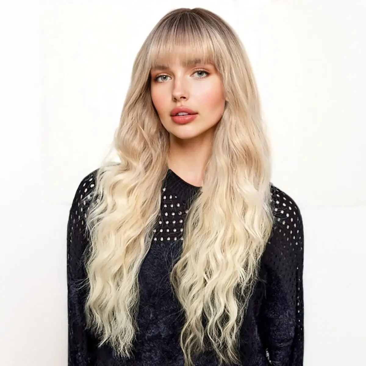 

Anxin Long Curly Blonde Gradient Natural Looking Heat Resistant Synthetic Wig With Bangs For Women Daily Use