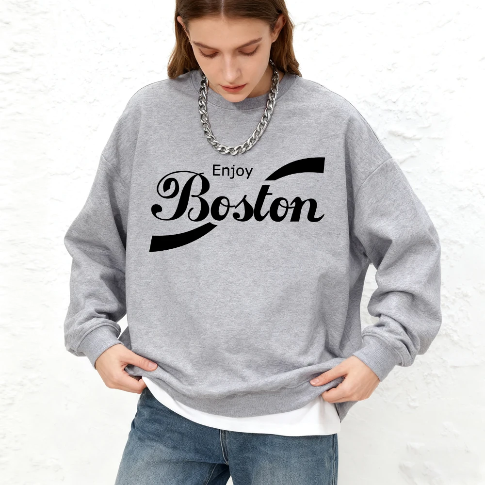 Enjoy Boston Letter Printed Womens Hoodies Autumn Oversized Sweatshirts Sports Crewneck Jogging Pullover Basics Woman Clothes