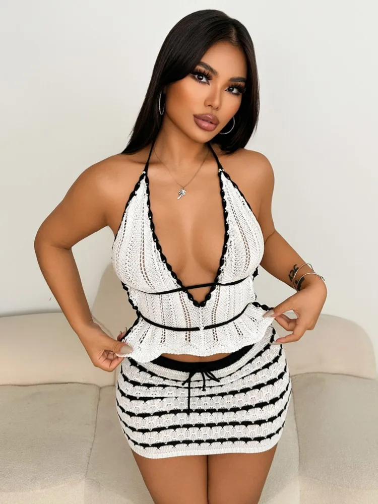 

2 Pieces Set Sexy Fashion Women Set 2025 Summer Autumn Stripe Printing Sleeveless Lace Up Knitting Tops And Mini Skirts Outfit