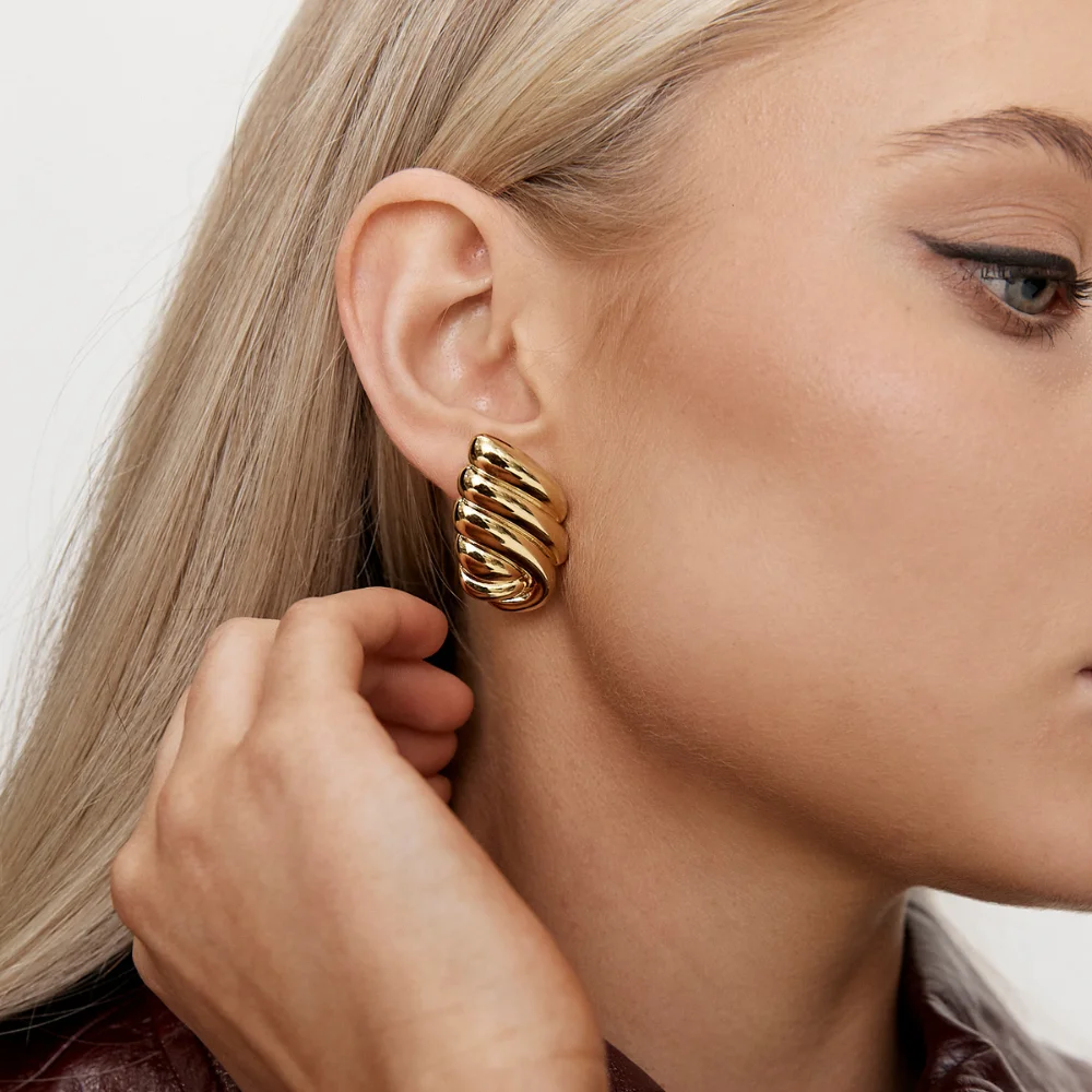 Vintage Stainless Steel Trapezoid Square Wing Geometric Stud Earrings for Women 18k Gold Plated Striped Pleated Texture Jewelry