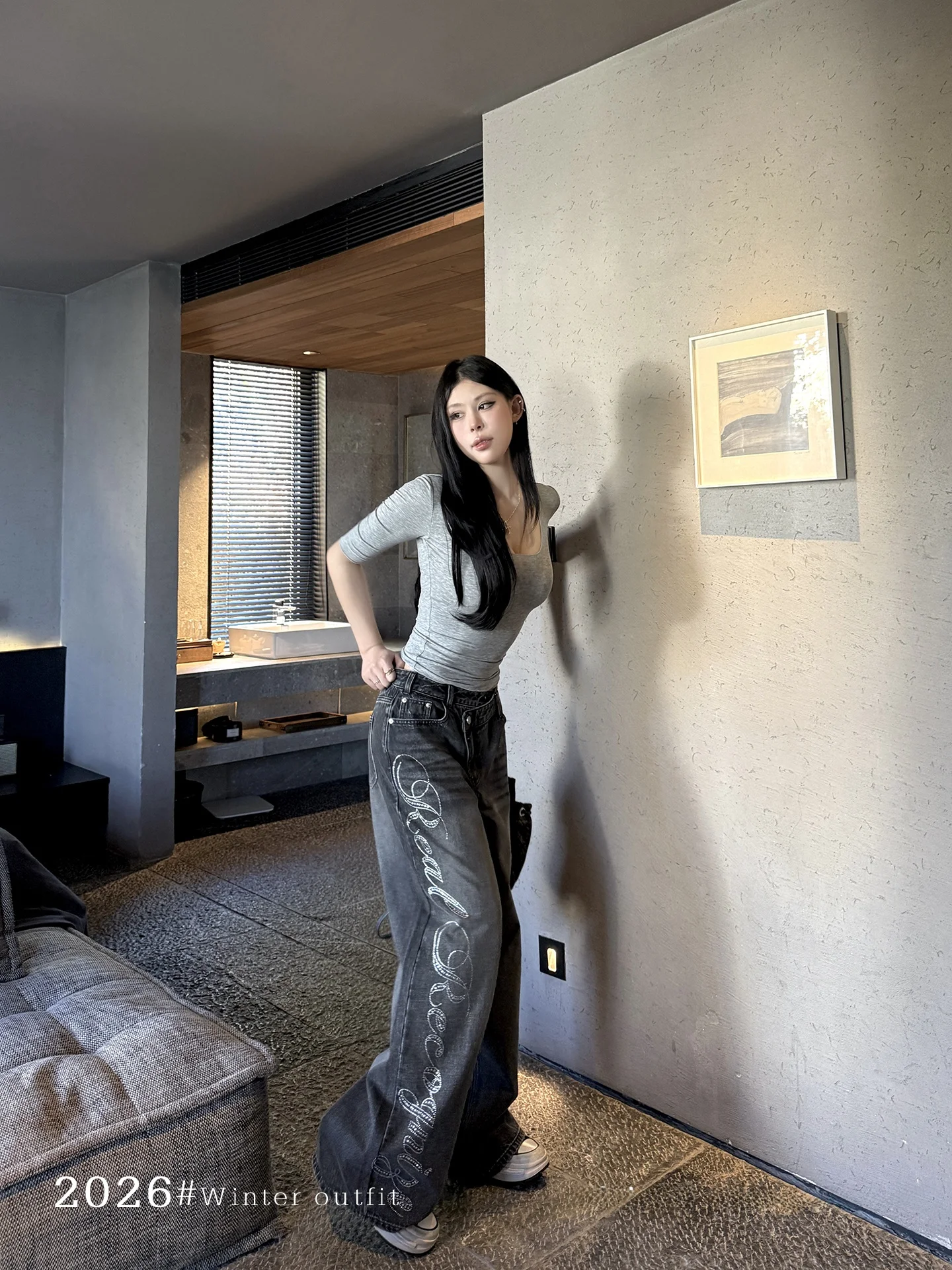 

Spring 2026 New Sle Kaiwai Cosmo Seven Loose Wide Leg Jeans Women's Denim Pants with Letter Rhinestone Knife Cotton Blend