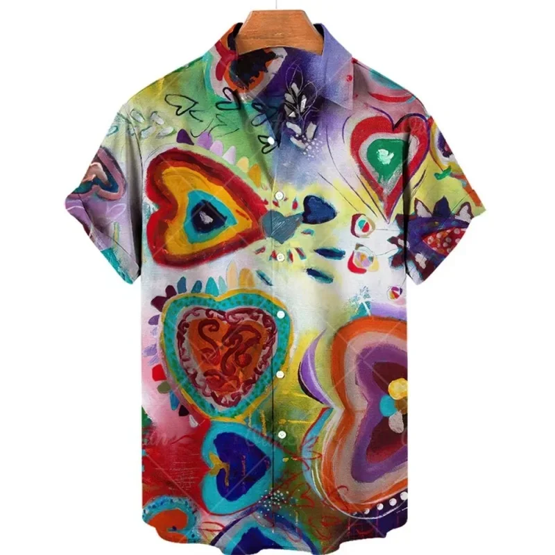 Men Summer Lapel Short Sleeve Hawaiian Shirt Casual Versatile Beach Tops, Colorful Abstract Heart Oil Painting Print