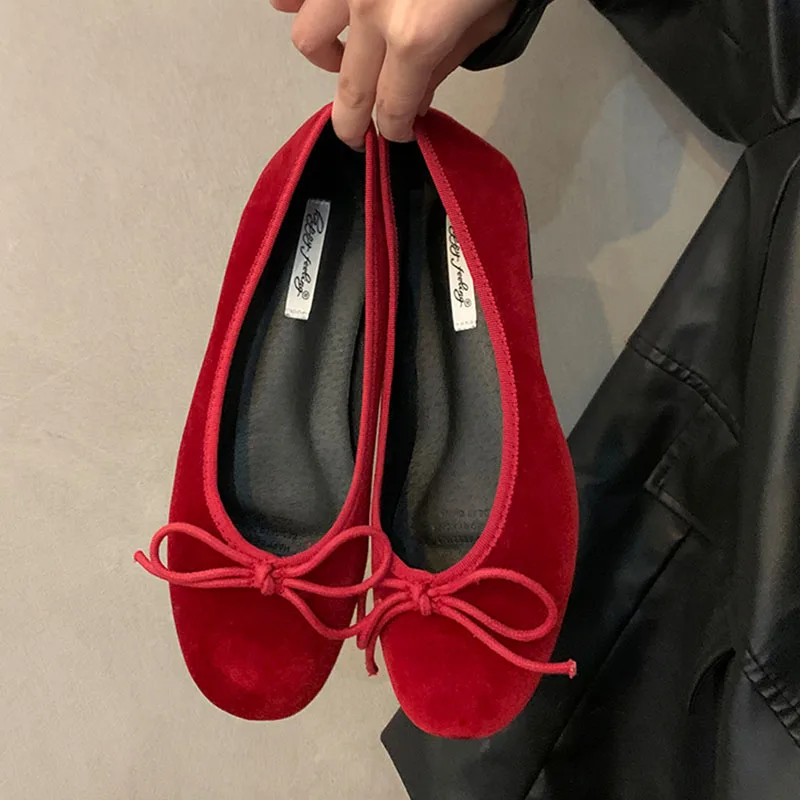 2024 Red Autumn Women Flat Shoes Fashion Bow-knot Round Toe Shallow Slip On Ladies Boat Shoes Soft Flat Heel Dress Ballerinas S