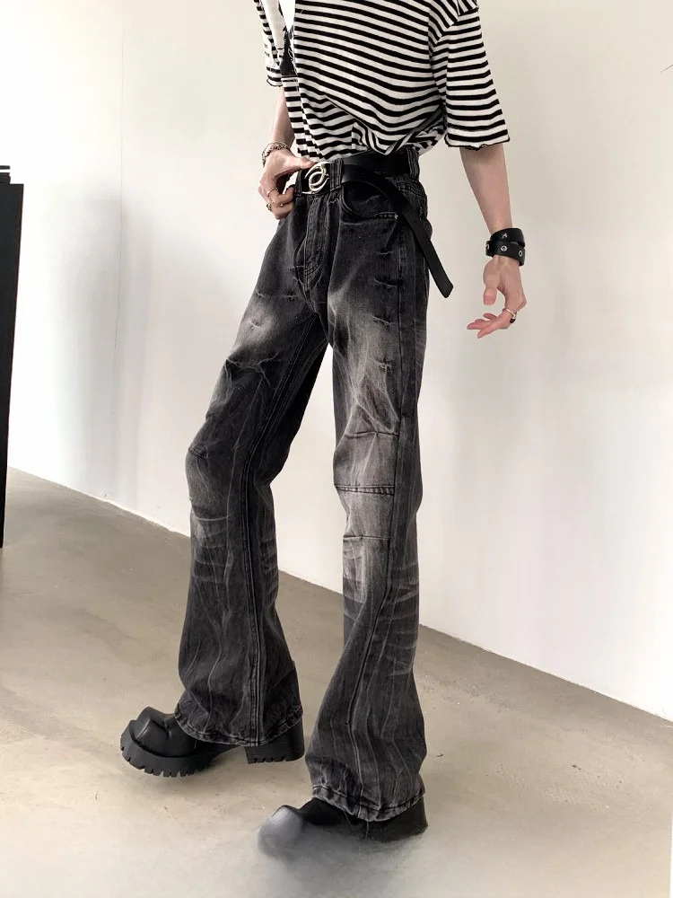 

Retro Black Denim Jeans Men's Faded Design Sensation Micro Flared Pants Asymmetric High Waist Distressed Straight Leg Jeans