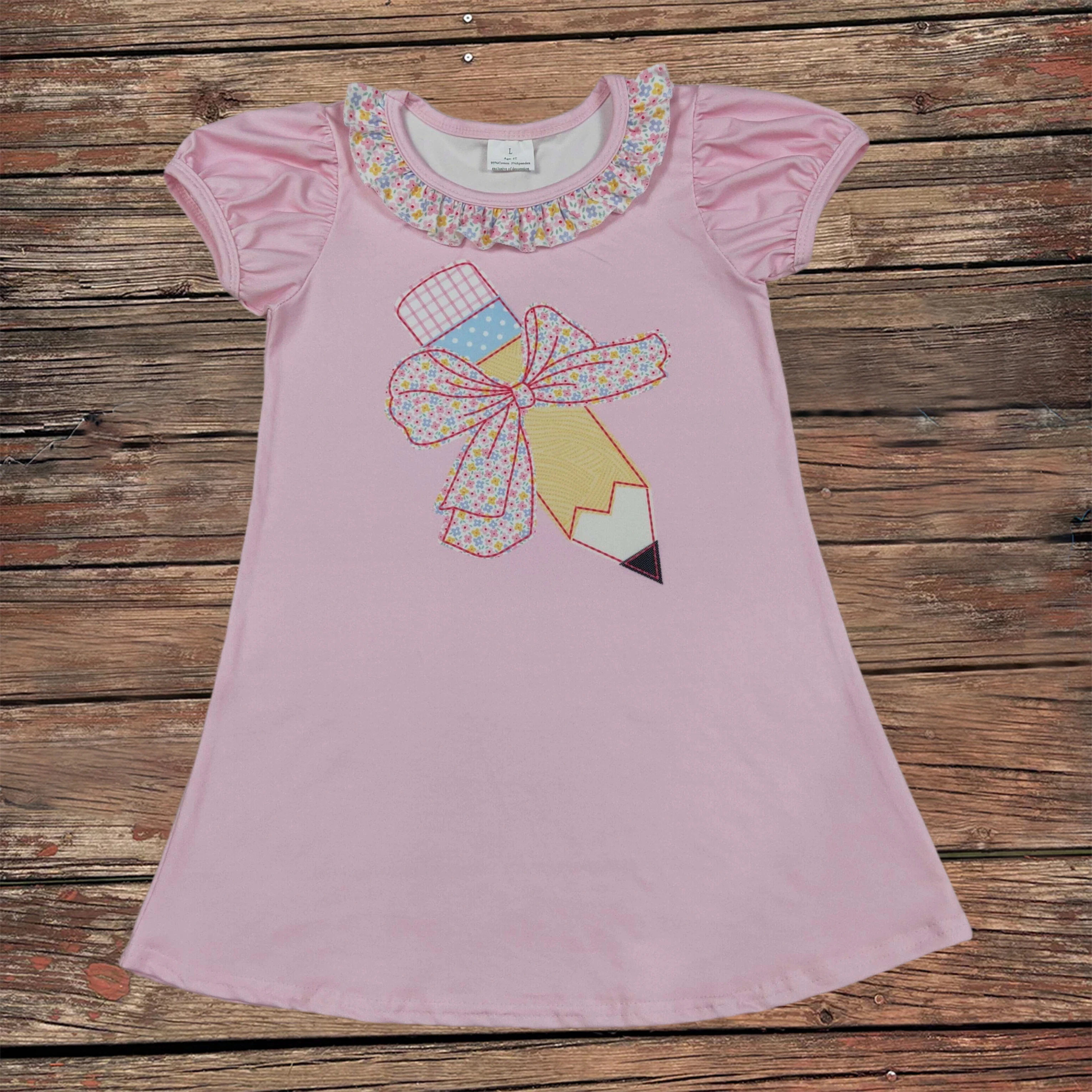 

Wholesale Baby Girls Summer Short Sleeves Pencil Bows Ruffles Clothes Kids Children Toddler Back To School Knee Length Dress