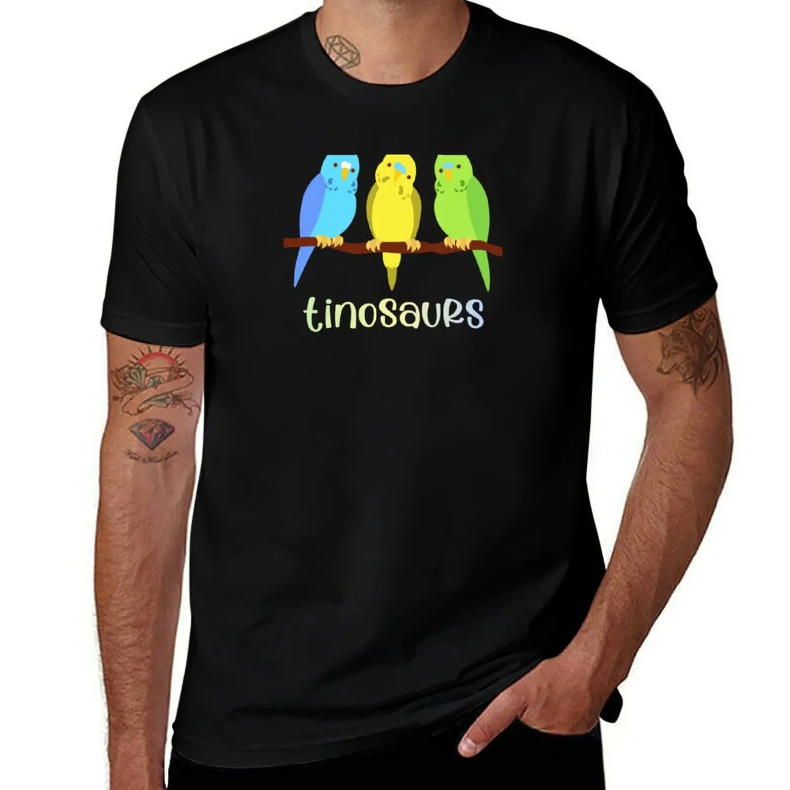 TINOSAURS: Birds are tiny dinosaurs - bright budgies (aka parakeets) in blue, yellow, and green T-Shirt