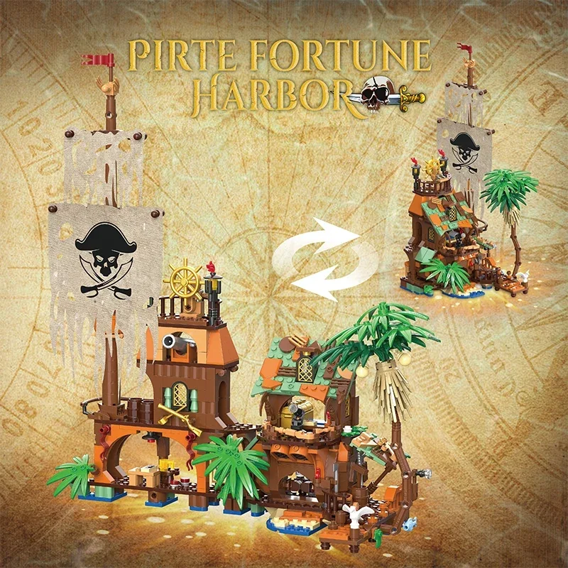 833 قطعة القراصنة فورتشن هاربور اللبنات القراصنة سفينة البيت حوض MOC نموذج الطوب الاطفال التعليمية لتقوم بها بنفسك لعب هدايا عيد الأطفال #2