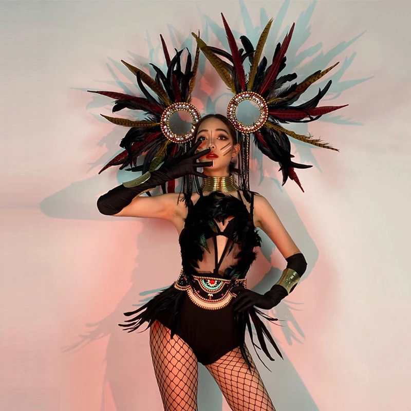 Luxury Singer Outfit Nightclub Bar Gogo Dancer Performance Costume Feather Bodysuit Rave Outfit Clubwear