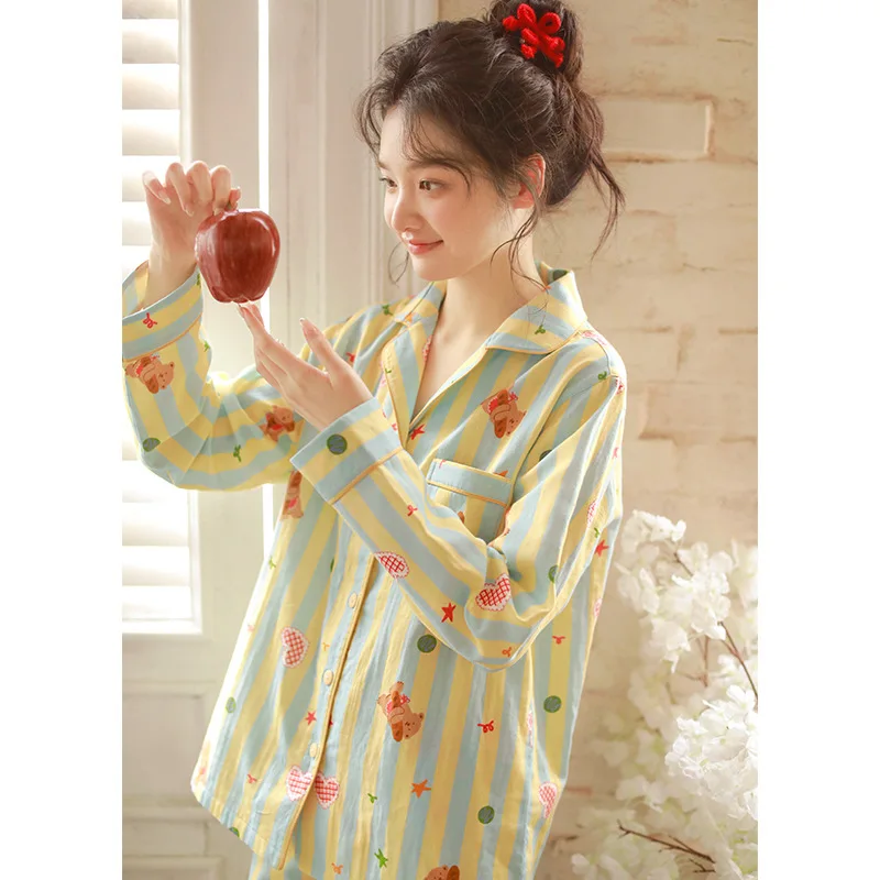 

Fashion 100% Cotton Striped Women's Long Sleeve Pajama Set Spring Autumn Loose Sleepwear Suits Home Clothes Plus Size
